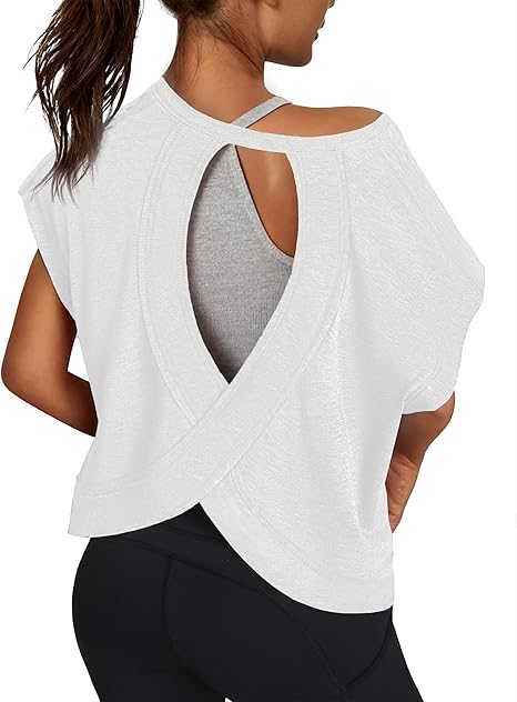 Open Back Workout Shirts Short Sleeve Tops Casual Yoga Y2k Athletic Gym Running Crop Tees