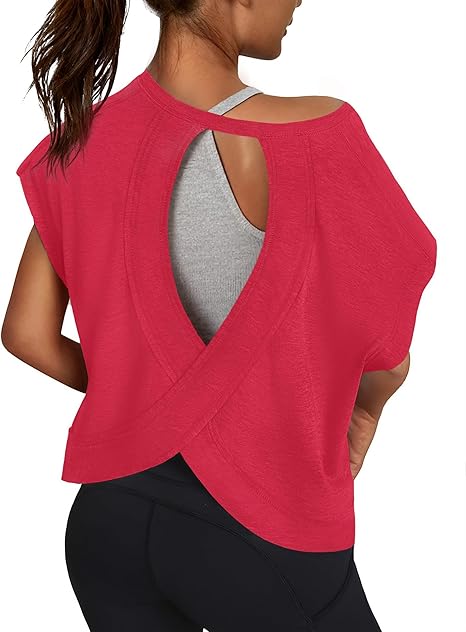 Open Back Workout Shirts Short Sleeve Tops Casual Yoga Y2k Athletic Gym Running Crop Tees